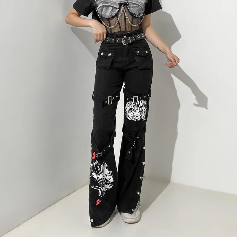 Notebook Avenue shut Waatfaak Buzunare Mozaic Punk Grunge Negru Jenas Largi Femei Catarama Goth  Pantaloni cu Talie Înaltă Încărcătură 90 Blugi Grafice Imprimate Întuneric  ~ Funduri | www.calitanase.ro
